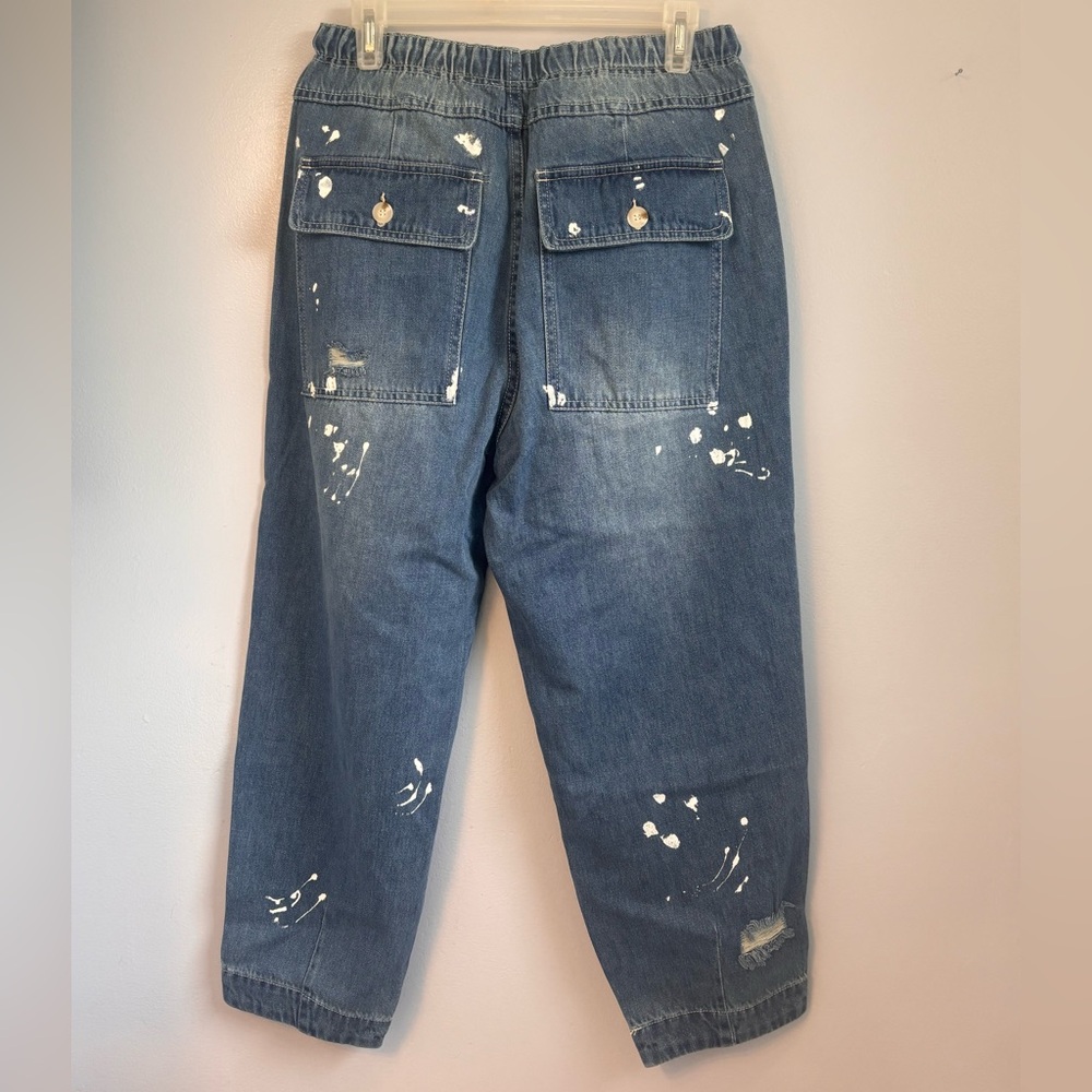 mittoshop Women’s Relaxed Distressed Blue Jeans with White Paint Accents. Sz M - Picture 5 of 9
